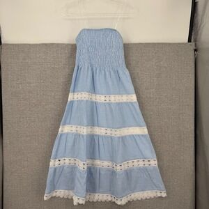 New Striped Smocked Crochet Lace Maxi Dress Womens Sz S Blue Coastal Cottage